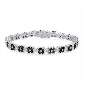 New Silver 925 Rhodium Plated Black Onyx Cubic Zirconia Flower Bracelet 7 inches